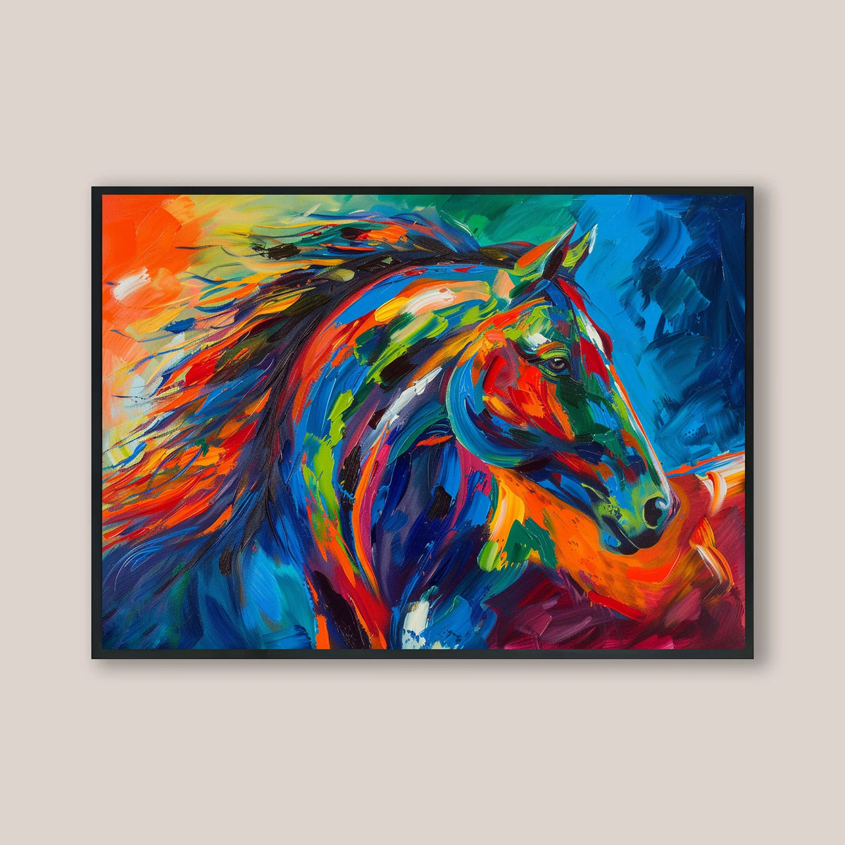 Rainbow stallion canvas art, bold abstract horse portrait wall print