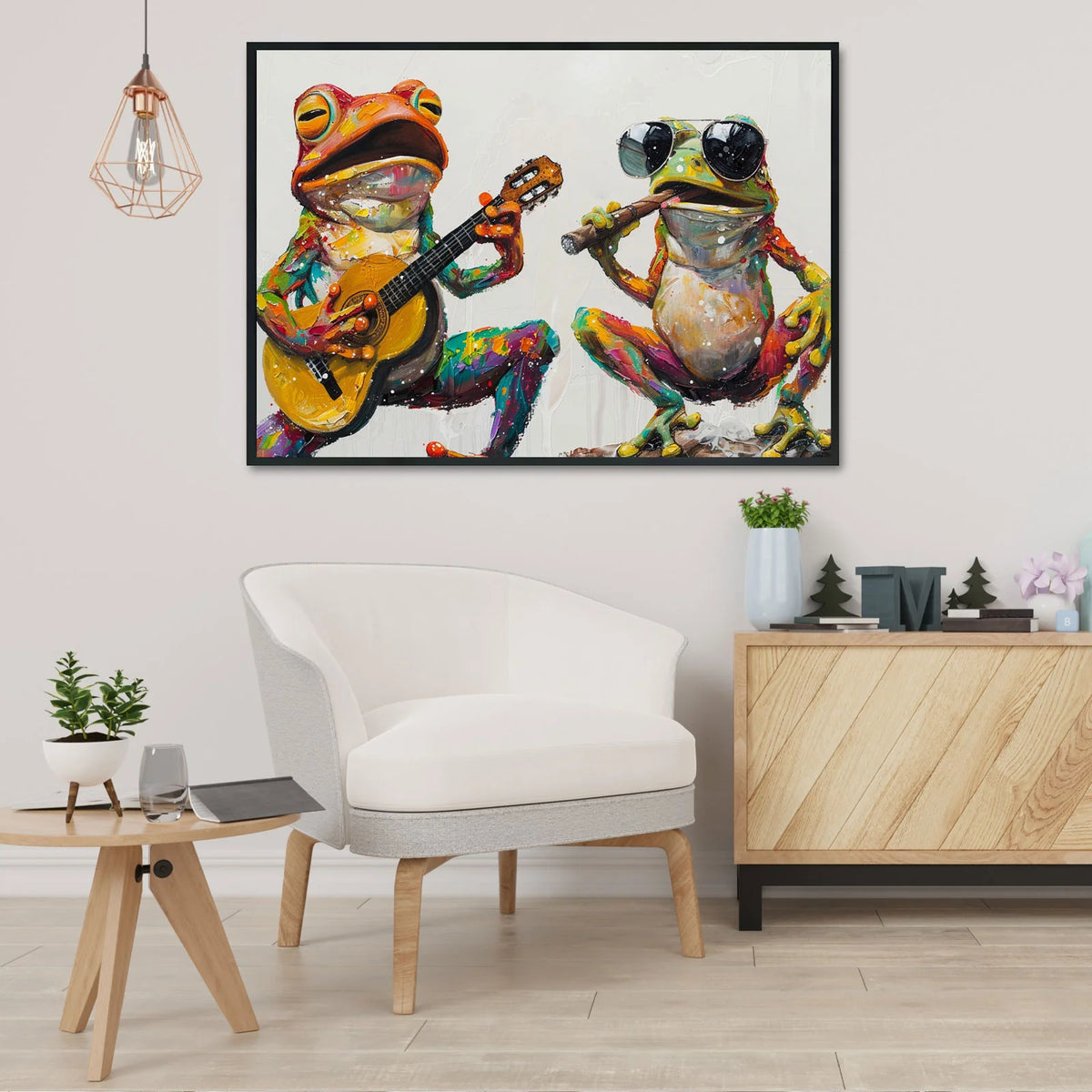 Funny colorful frog canvas art, musician frog on guitar and cool frog with sunglasses holding cigar