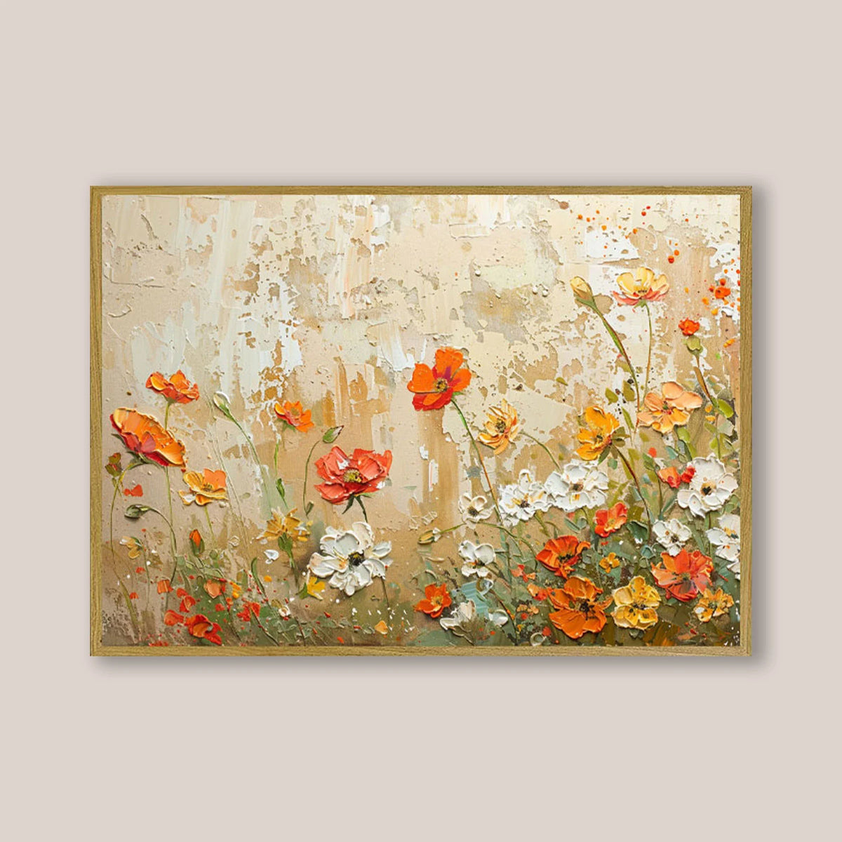 Rustic floral wall painting, wild meadow flowers with thick paint texture