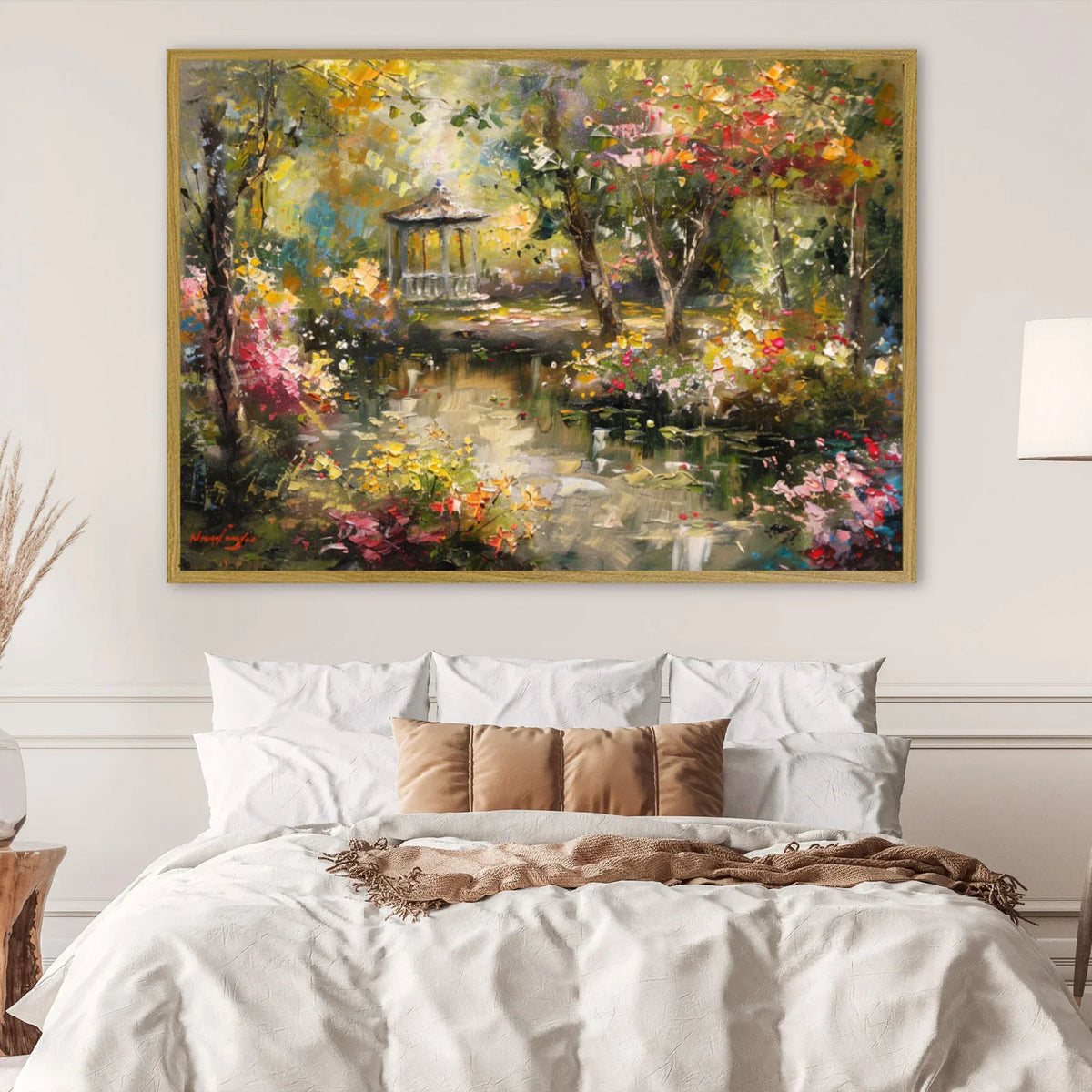 Garden pond wall art, sunlit forest gazebo surrounded by colorful blooms