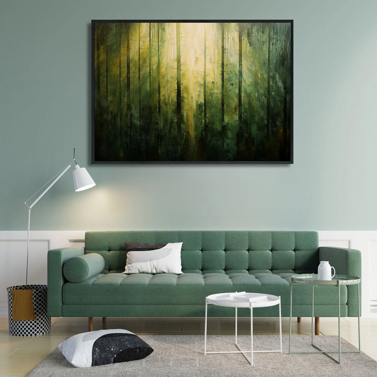 Misty forest wall painting, abstract woodland art print, sunbeams filtering through tall pine trees in atmospheric green forest landscape